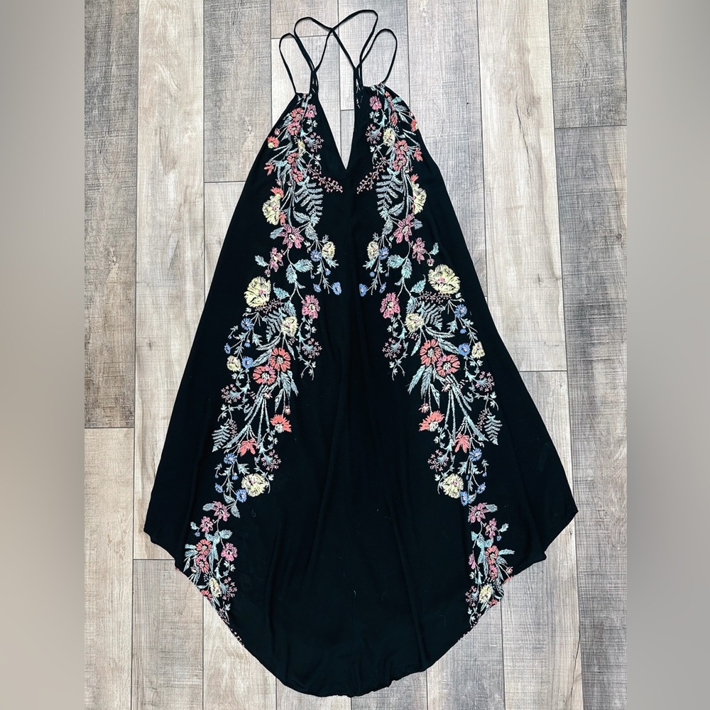 Black embroidered floral Free People Trapeze swing midi dress